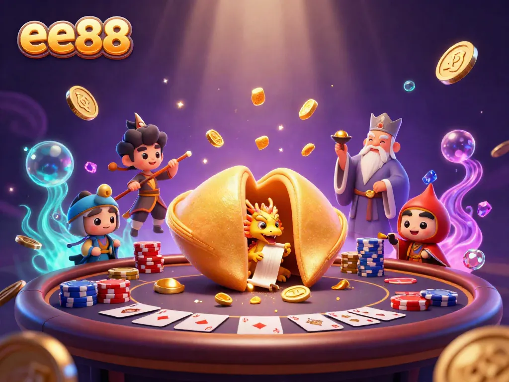 Experience the thrill of winning at ee88 poker with oversized fortune cookies and a wise dragon in a vibrant casino scene.