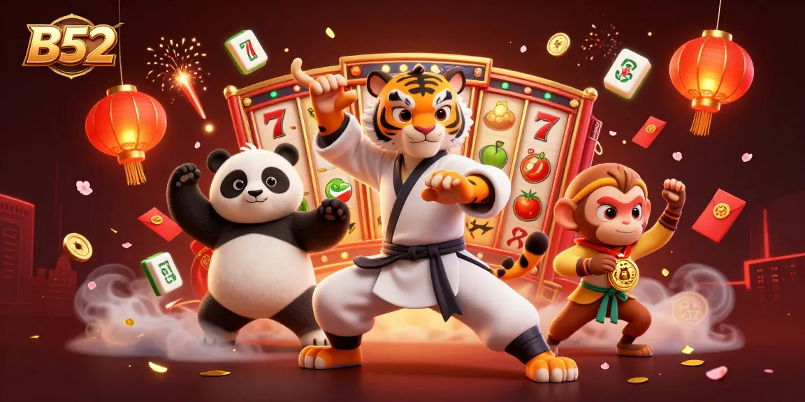 Experience the excitement of B52 slots with a kung fu tiger, panda, and monkey in a vibrant casino scene.