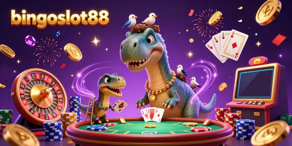Permainan bingoslot88 yang seru dengan karakter dino di kasino, menampilkan koin dan kartu permainan