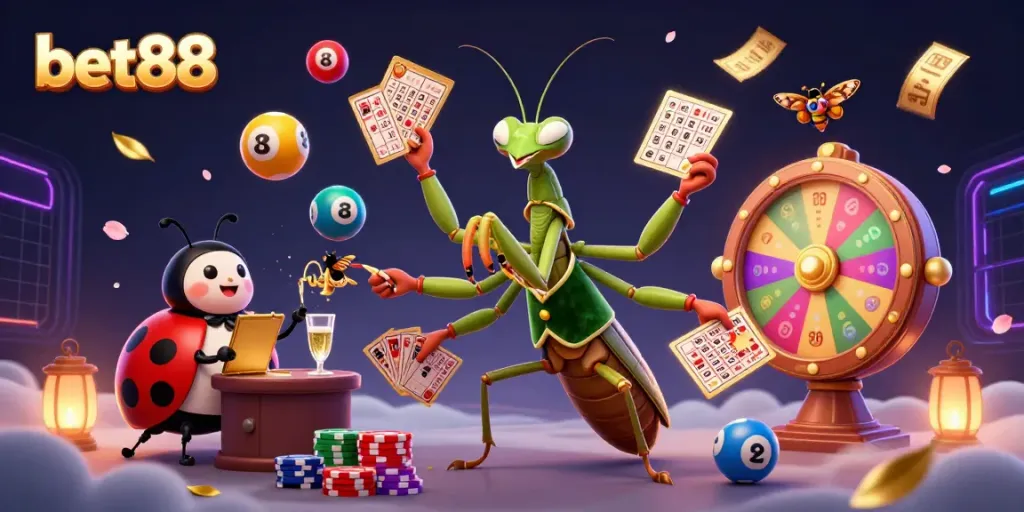 Experience winning thrills with bet88 in a vibrant casino scene with dynamic lottery elements.
