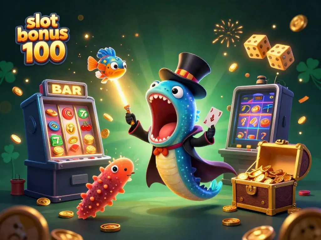 Winning big with slot bonus 100 as a bioluminescent eel performs tricks and jackpot symbols burst around.
