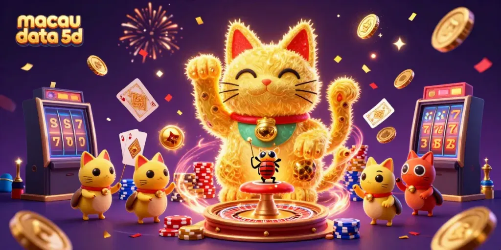 Permainan macau data 5d menampilkan kucing keberuntungan dengan simbol kasino yang dinamis.