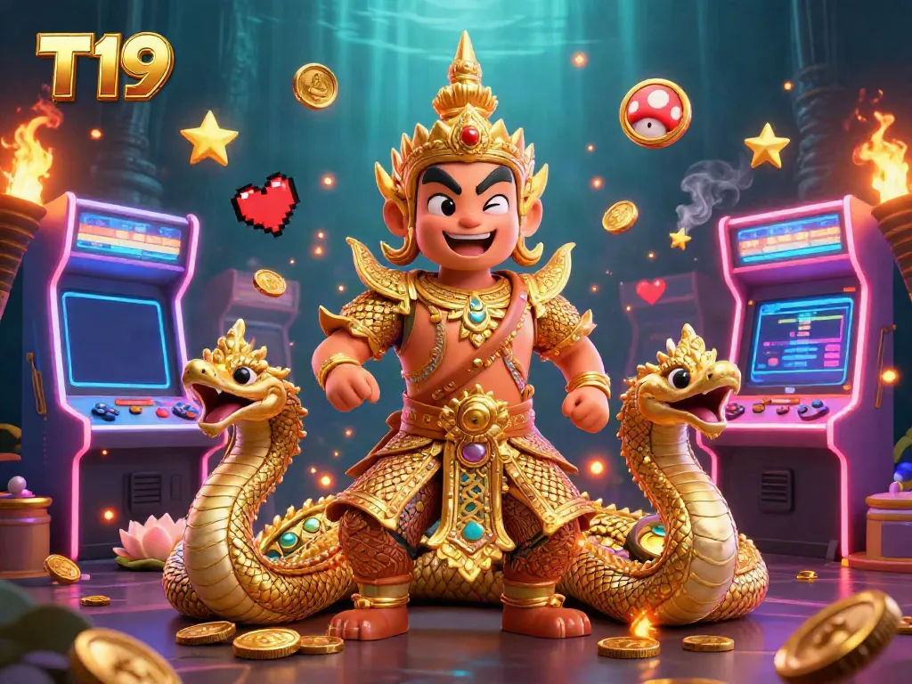 Engage with T19's immersive gambling experience showcased by a friendly yaksha guardian adorned in gold, surrounded by vibrant gaming elements.