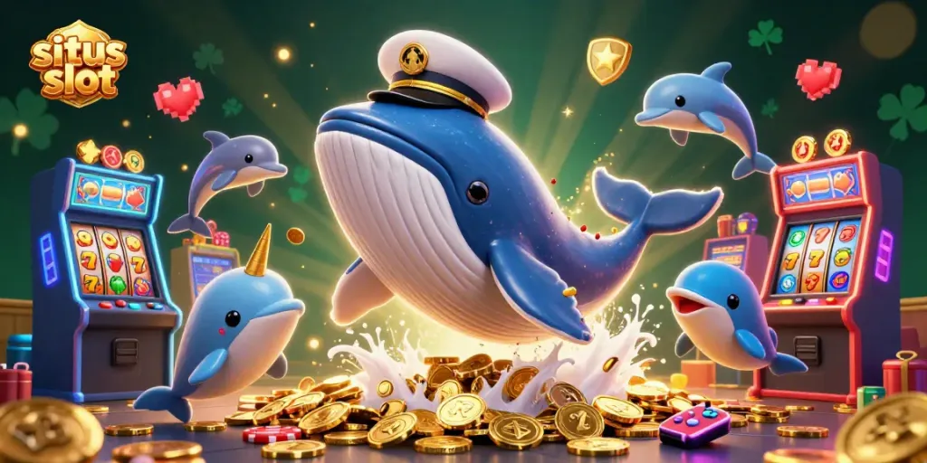 Explore situs slot with a whimsical casino scene featuring playful marine characters and vibrant game elements.