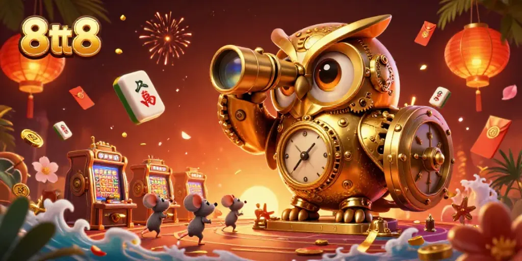 8tt8 themed vibrant casino scene with a clockwork owl and lively elements