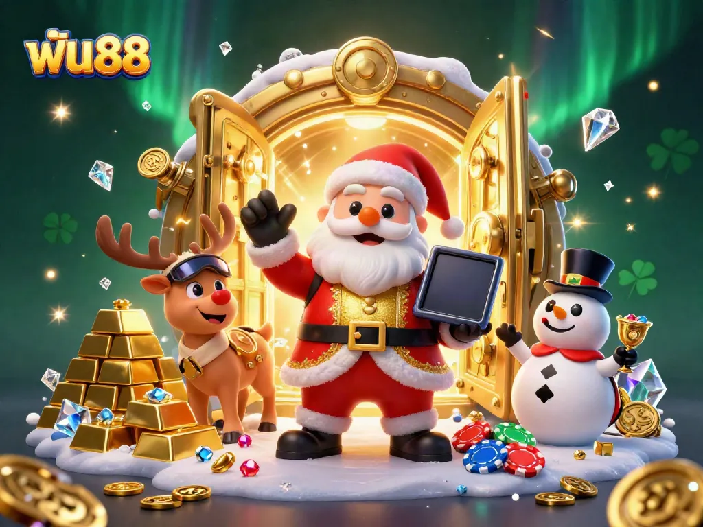 Spin the reels at ฟัน88 with Santa, his reindeer, and snowman amidst a treasure-filled scene.
