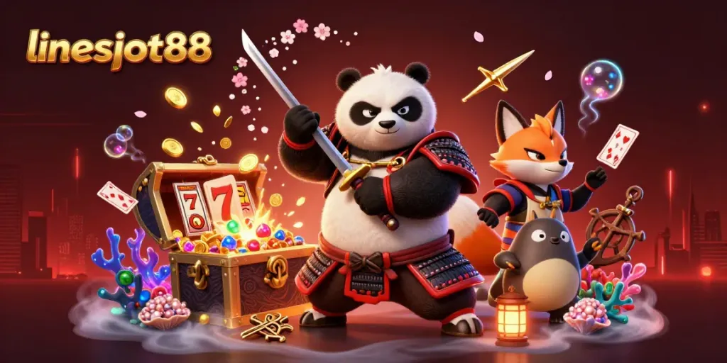 Experience thrilling slots action with lineslot88 in this vibrant 3D casino scene.
