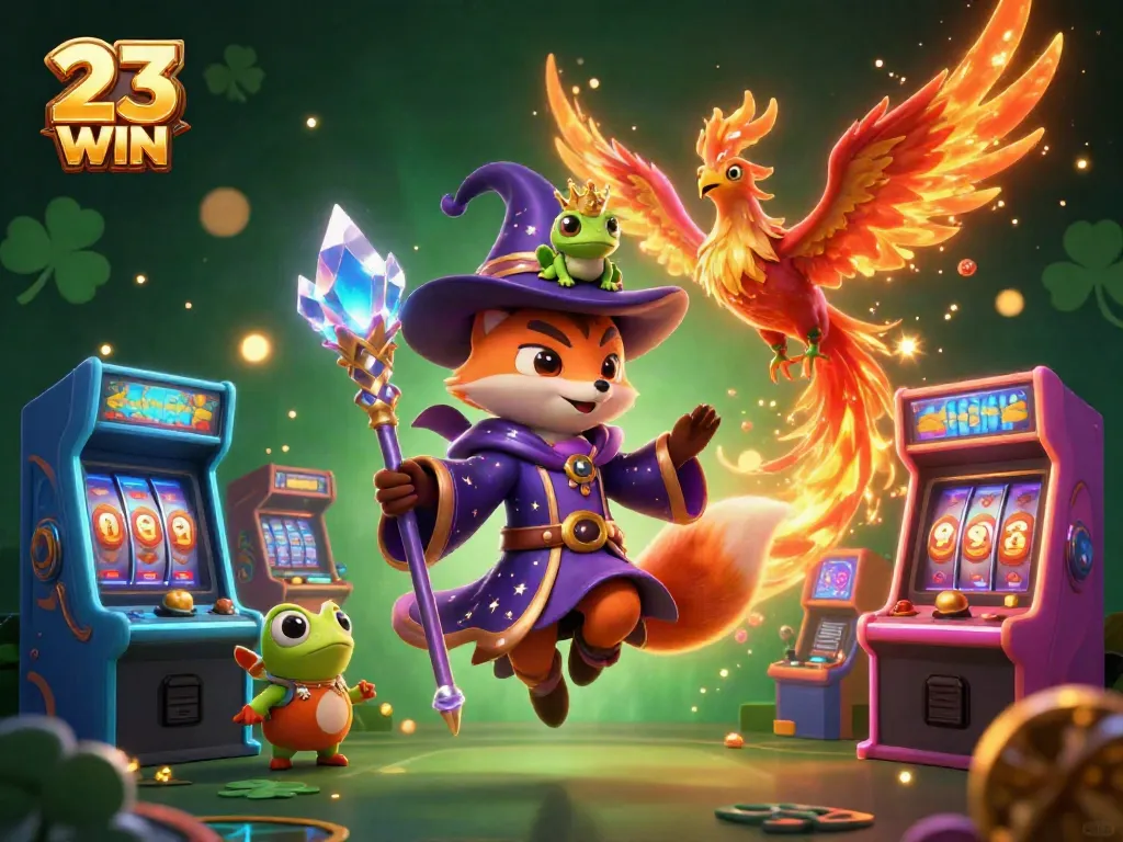 Experience the vibrant 23 WIN casino magic with a mystical wizard fox and phoenix in a dynamic gaming scene.