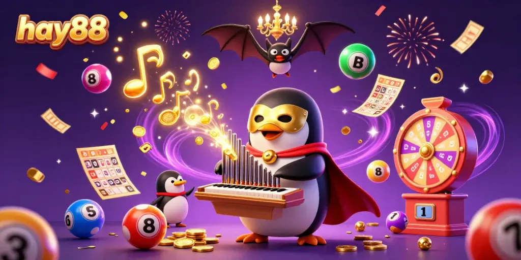 Experience exciting gameplay at hay88 with an animated scene of a penguin playing for golden coins.