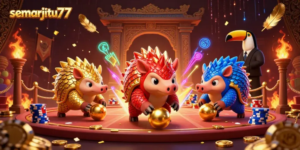 semarjitu77 memeriahkan arena permainan kasino dengan pangolin yang bertanding di antara chip poker dan koin emas