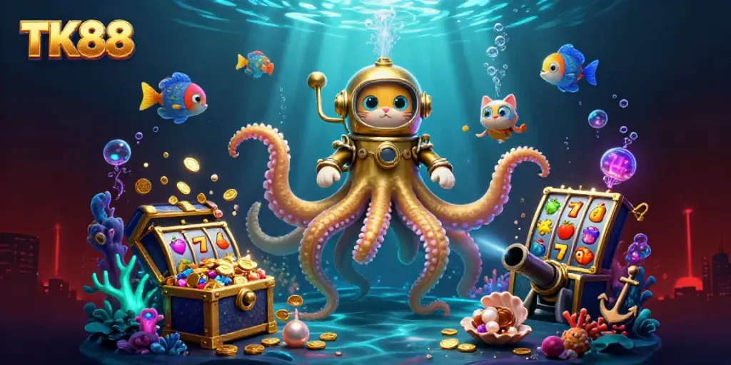 Engage with TK88's vibrant underwater casino scene featuring a kraken and diving cat amidst slot reels and treasure.