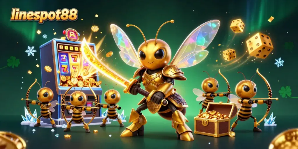 Experience thrilling wins with lineslot88 slots featuring a dynamic casino scene with golden symbols and shining effects.