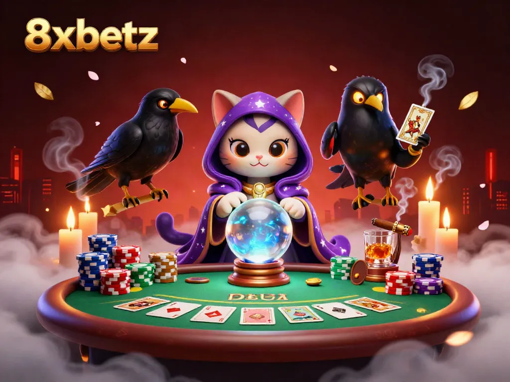 Experience 8xbetz with a vibrant scene of a fortune teller cat and raven at a poker table, enhancing your gaming adventure.