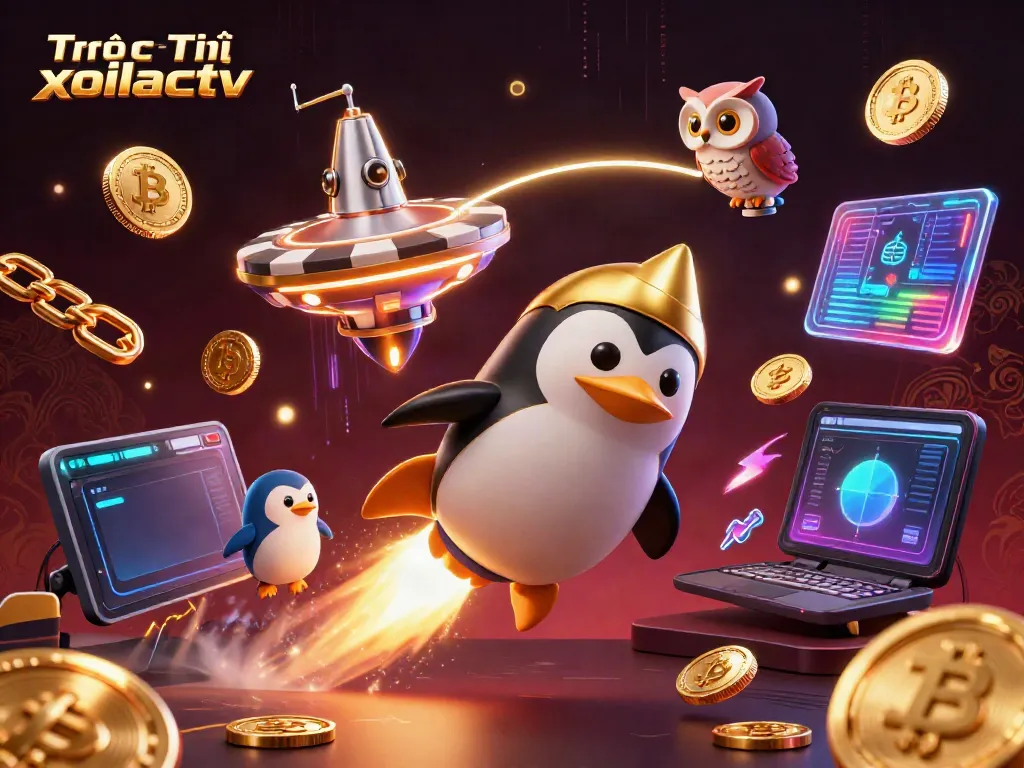 Experience Trực Tiếp xoilactv with a dynamic illustration showcasing a golden penguin in outer space!