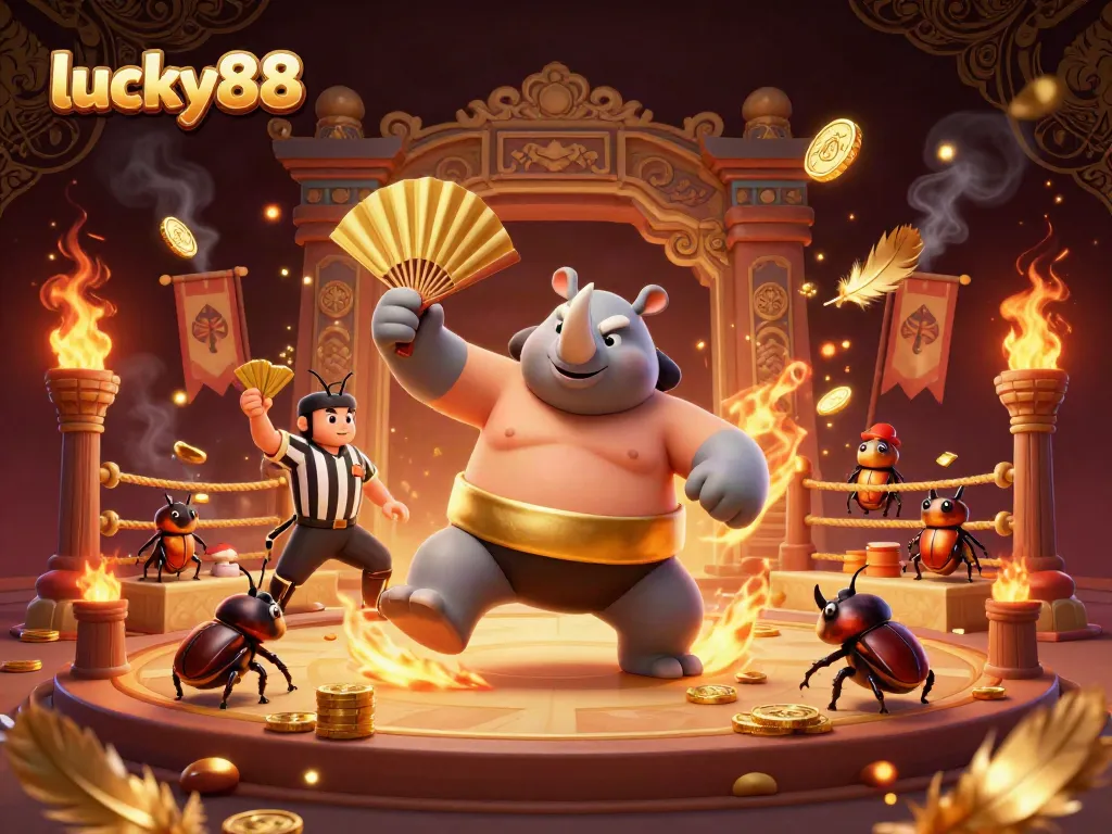Experience the thrill of lucky88 with a vibrant 3D scene featuring a beetle sumo champion and celebration elements.