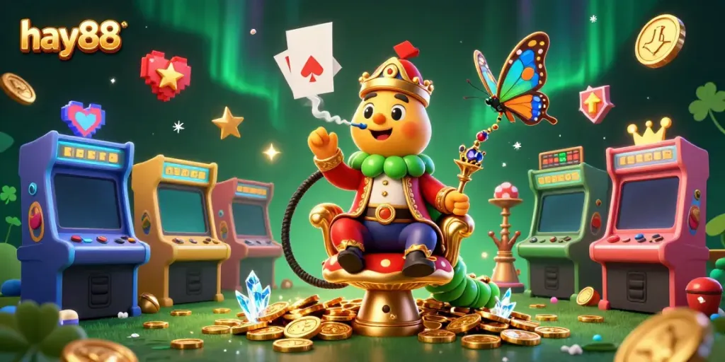 Engage with hay88's vibrant casino scene featuring a caterpillar hookah-master amidst glowing gaming elements.
