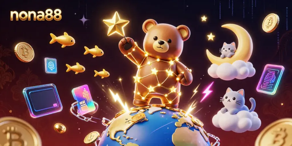 Experience winning moments at nona88, vibrant illustration featuring a constellation bear and digital coins.