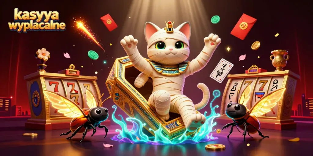 Experience thrilling kasyna wyplacalne gameplay with an Egyptian mummy cat amidst vibrant casino elements.
