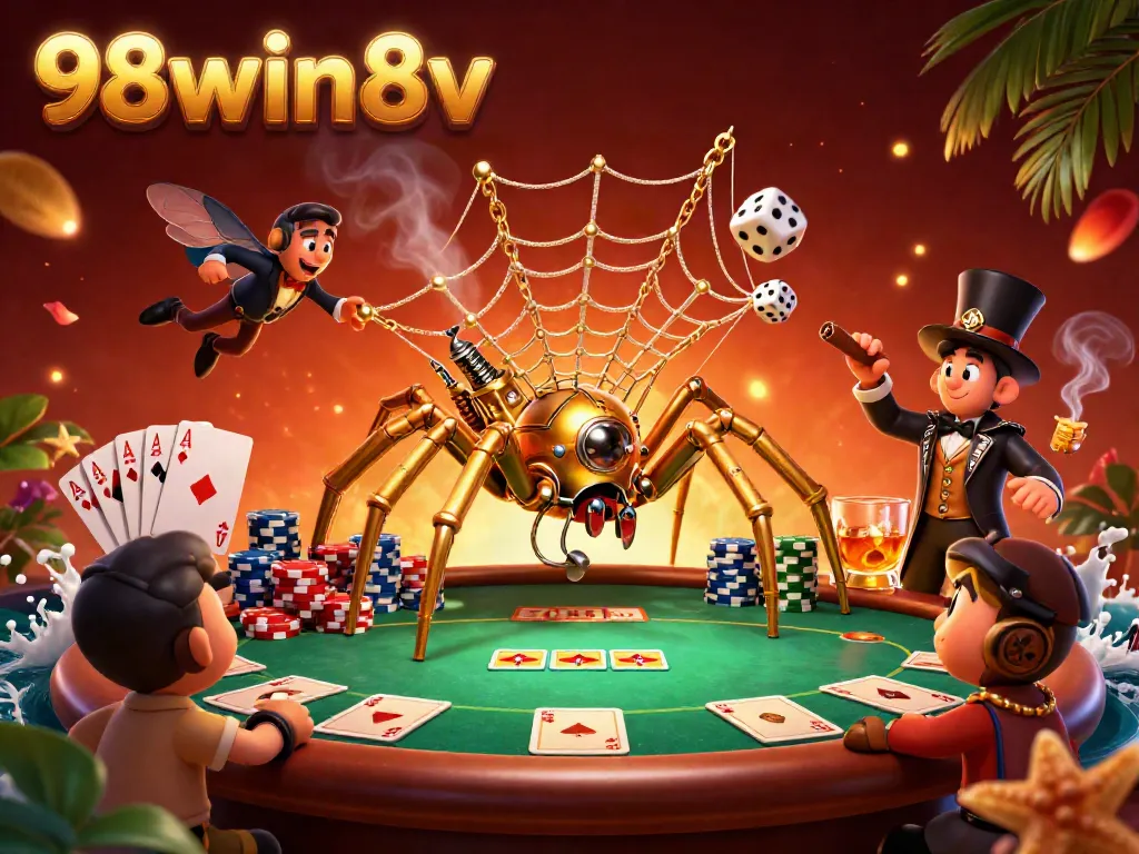 Experience thrilling gameplay at 98win8v, featuring a steampunk spider and rolling dice.