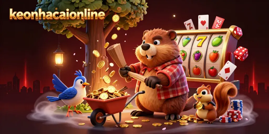 Engaging keonhacaionline scene with a lumberjack beaver surrounded by vibrant casino elements!