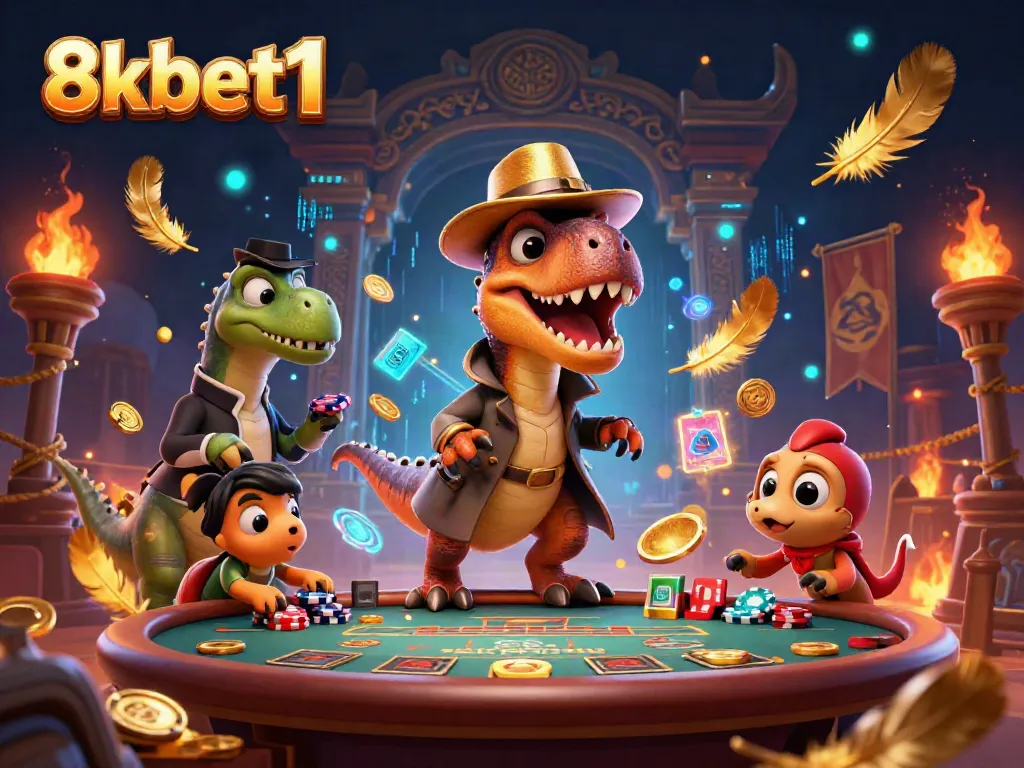 Engage in thrilling gameplay at 8xbet1 with a cartoon velociraptor facing a stegosaurus pit boss in this vibrant casino scene.