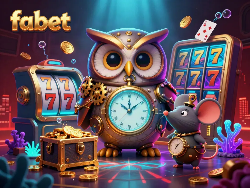 Experience vibrant casino excitement with fabet's dynamic 3D illustration of time-traveling characters and gambling elements.