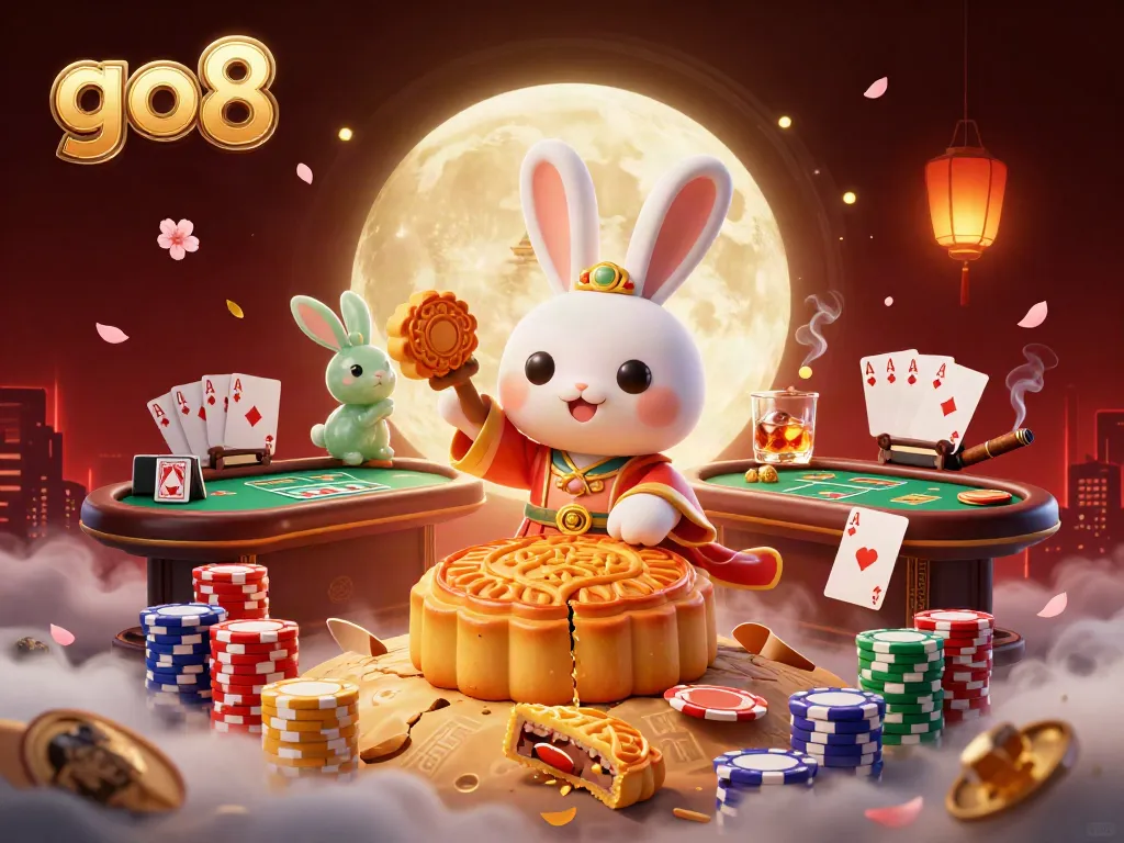 Experience go8's vibrant casino atmosphere with moon rabbits, poker chips, and festive gameplay.