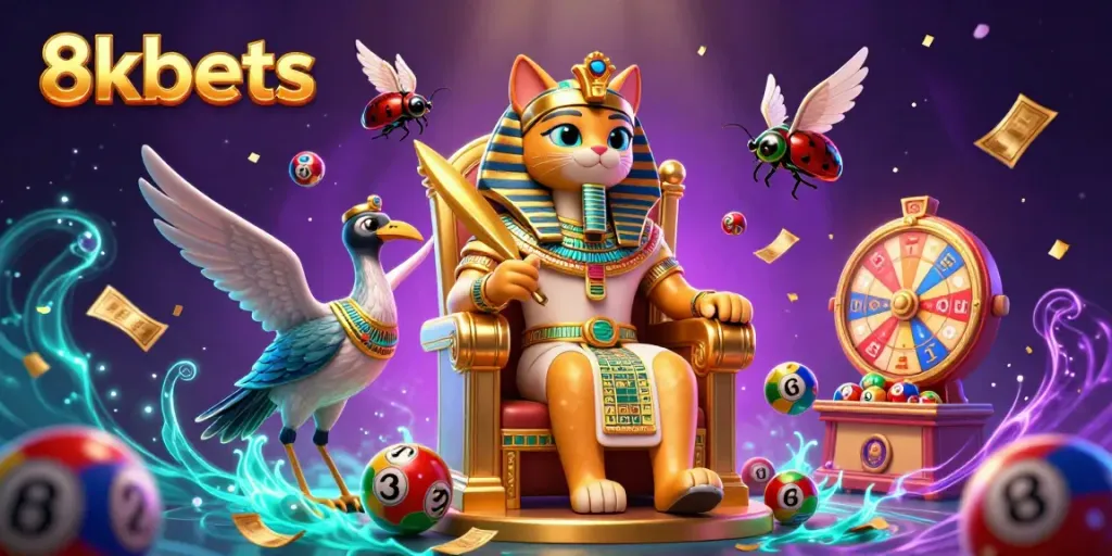 Engage with the exciting world of 8xbets through this dynamic 3D scene featuring an Egyptian pharaoh cat, animated lottery elements, and a vibrant casino atmosphere.