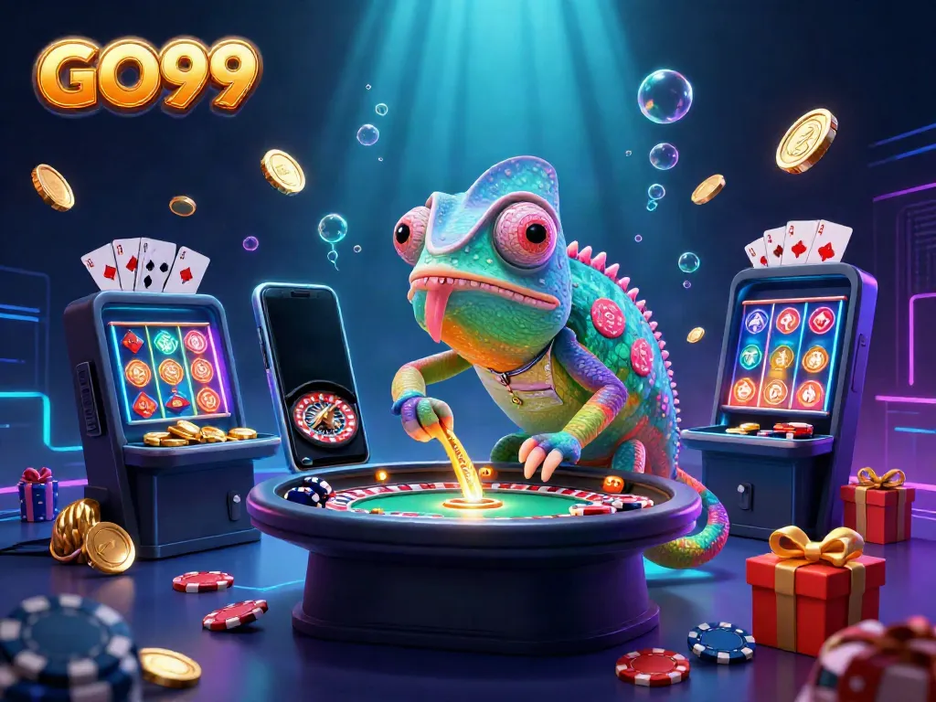 Catch exciting wins at GO99, featuring a vibrant chameleon casino owner amid a playful gaming scene.