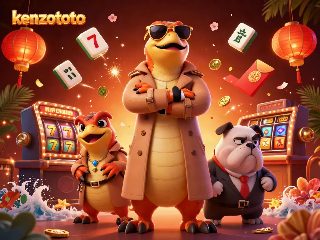 Kenzototo captures a whimsical scene of three raptors disguised to enter a VIP casino lounge, surrounded by exciting gaming elements.