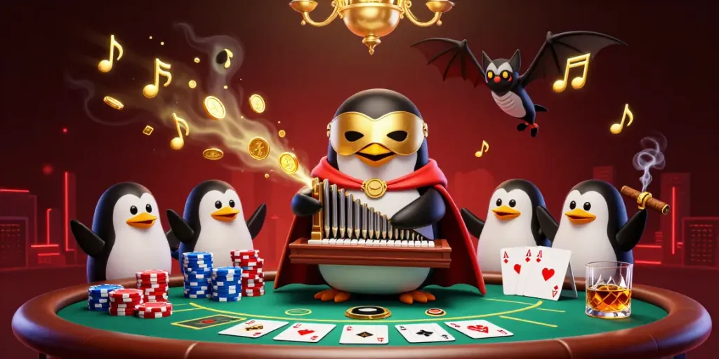 gà vàng tv showcases a lively casino scene with a penguin character, lively poker action, and dynamic golden coins.