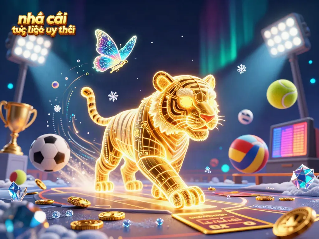 Experience the excitement of nhà cái trực tuyến uy tín with a dazzling 3D digital casino scene filled with vibrant sports elements.