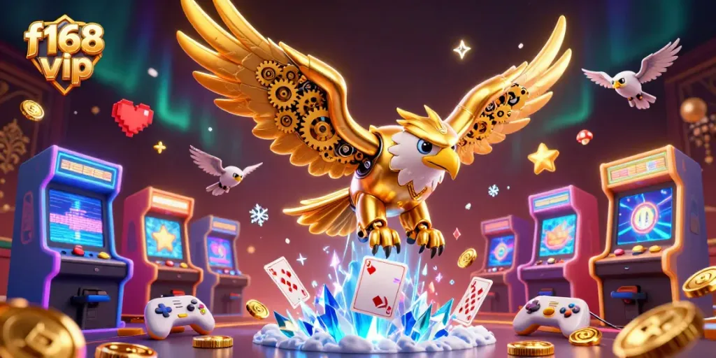 Experience gambling excitement with f168 vip, featuring a cybernetic eagle soaring through cards and coins.