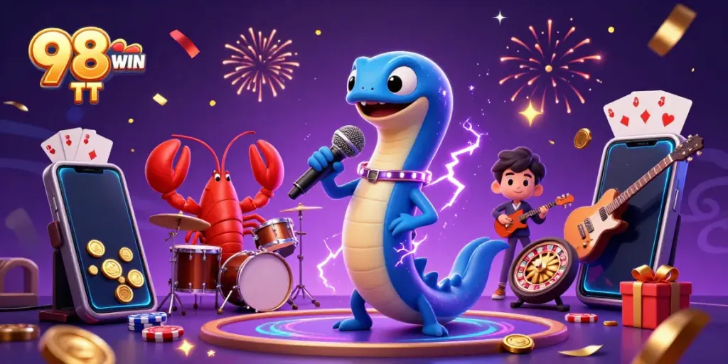 Experience excitement with 98 WIN TT in a vibrant underwater casino scene featuring a DJ electric eel.