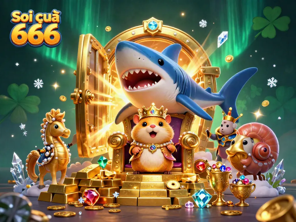 Soi cầu 666 showcases a golden hamster king on a megalodon throne, surrounded by treasure and winning symbols.