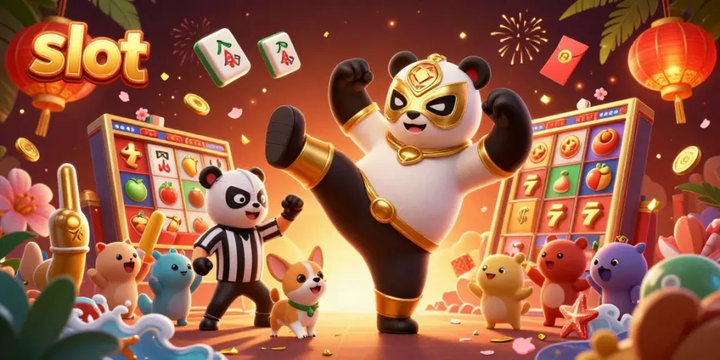 Experience the excitement of slot gaming with a dynamic panda wrestler and chihuahua referee illustration.