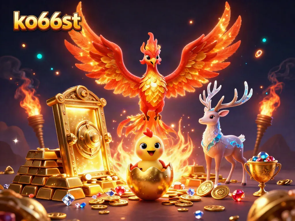 Experience the vibrant action at ko66st with a majestic phoenix and treasures erupting from a vault.