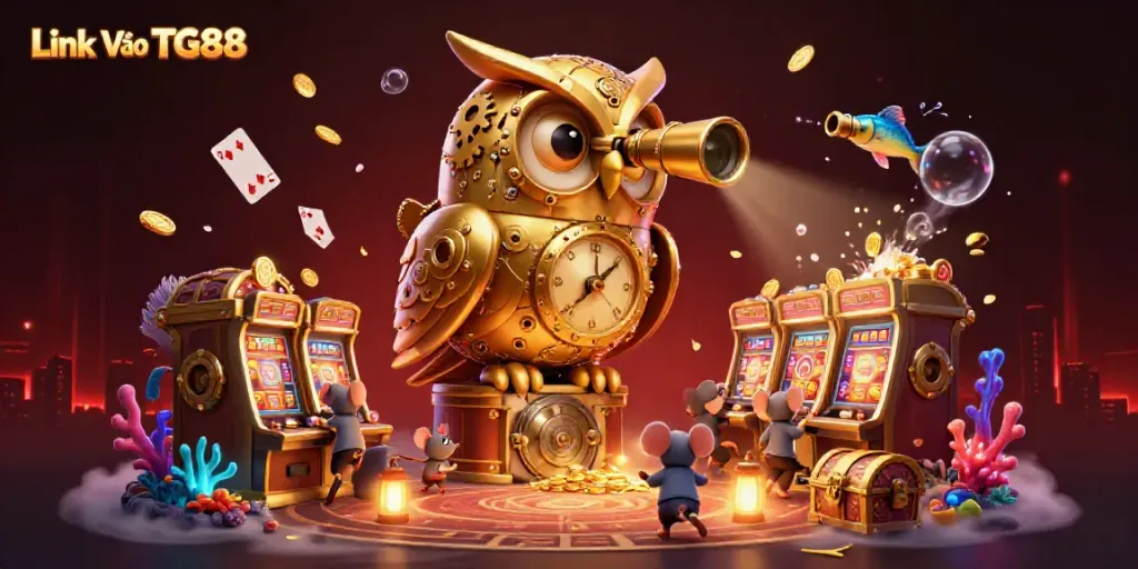 Experience thrilling gameplay at Link Vào TG88 with a vibrant 3D casino scene full of gold coins and animated characters.
