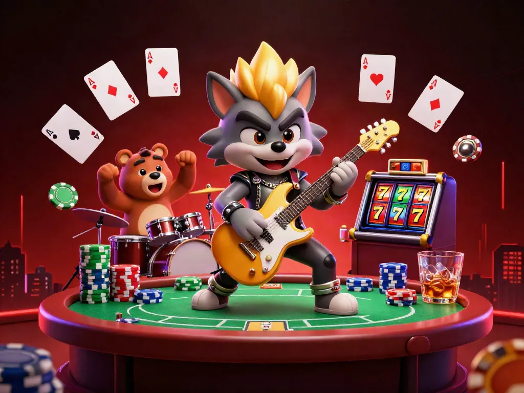 Experience Nổ hũ sunwin's thrilling atmosphere with a rock star wolf amidst dynamic casino elements.