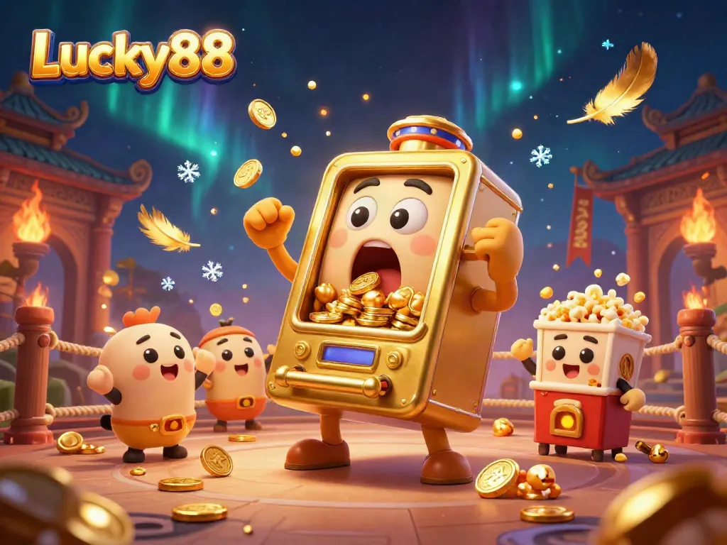 Experience a thrilling jackpot with Lucky88's vibrant 3D illustration featuring a gold slot machine amidst cheering friends.