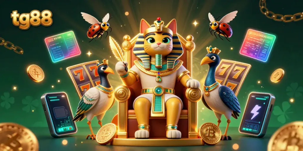 Engage with tg88 featuring pharaoh cat and IBIS companion in a vibrant casino scene