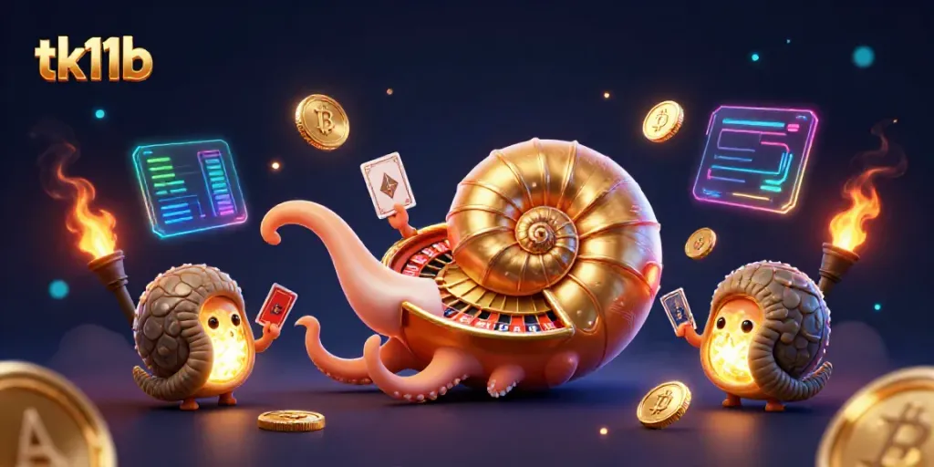 Place bets and win at TK11b, featuring a nautilus roulette wheel and glowing crypto coins.