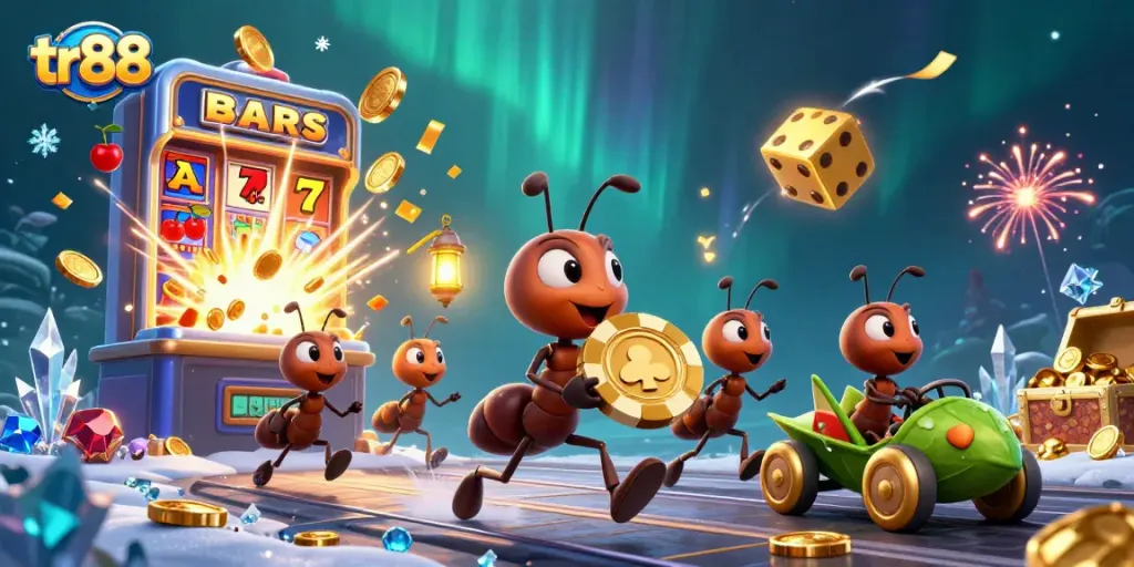 tr88 ants carry a giant poker chip in an action-packed casino heist scene