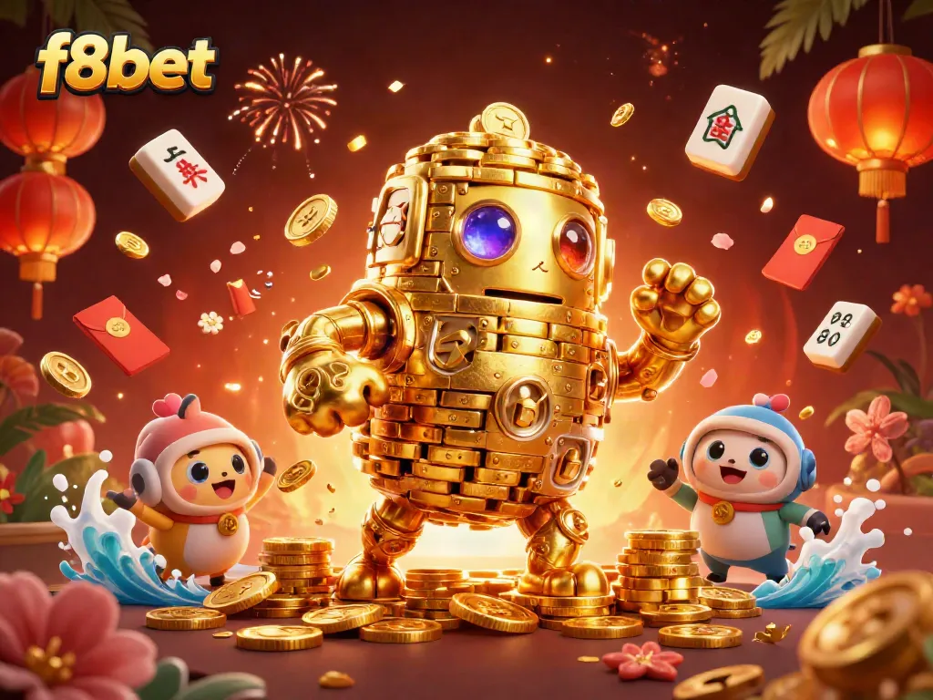 Engage with F8BET's thrilling gaming experience featuring dynamic gold golem surrounded by festive casino elements.