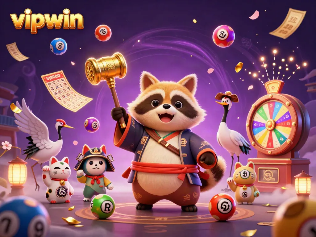 Engage with vipwin's vibrant lottery experience featuring dynamic characters and festive elements in an artful representation.