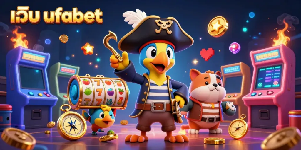 Experience the thrill of เว็บ ufabet with vibrant gaming elements and characters in a dynamic illustration.