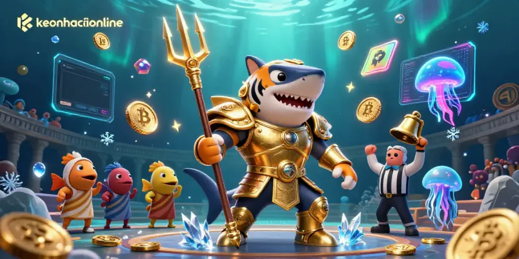 Engage in betting with keonhacaionline featuring a vibrant underwater arena with a tiger shark and crypto elements.