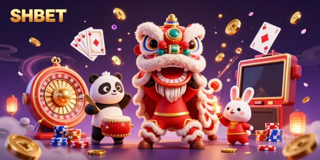 Experience vibrant gaming with SHBET featuring dynamic characters and casino elements in a festive 3D illustration.