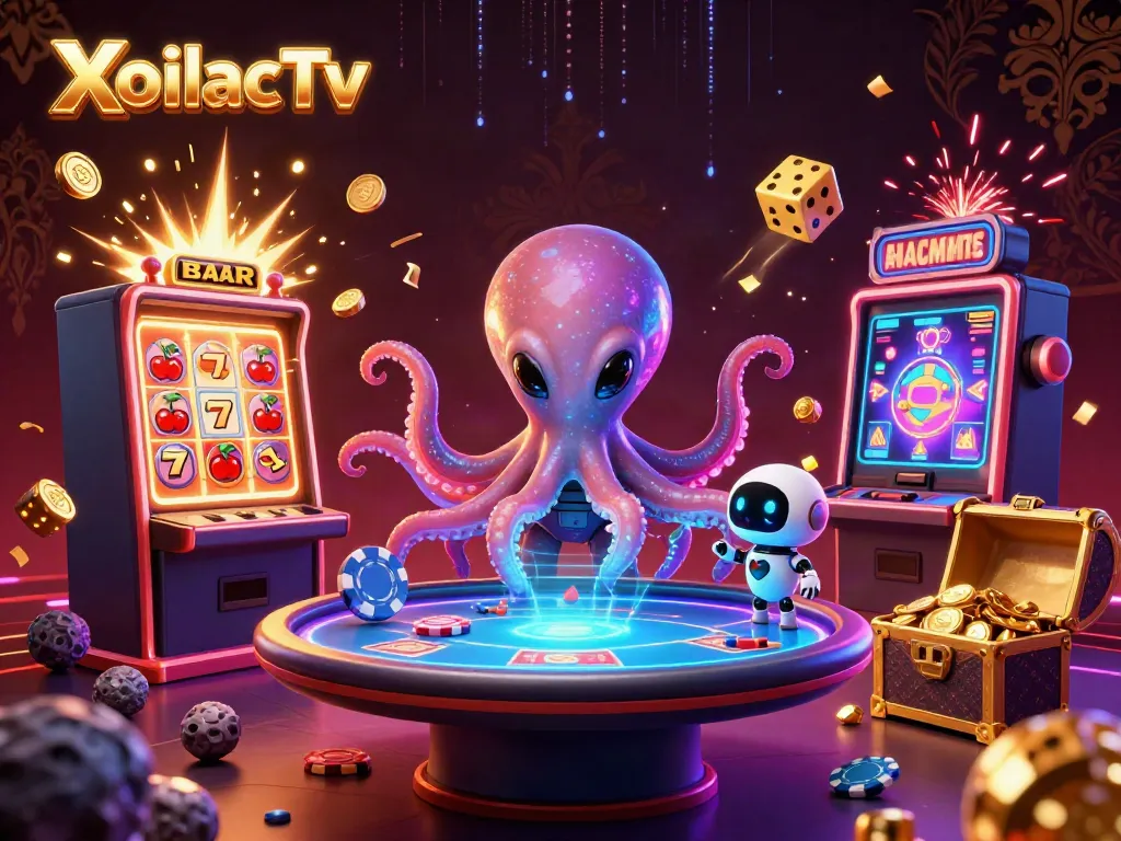 XoilacTv showcases an alien octopus dealing cards at an energetic space casino scene.