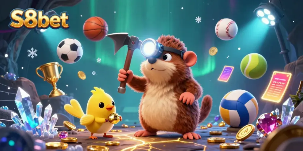 Experience S8bet with a vibrant treasure hunting scene full of glowing gems and sports elements in a casino atmosphere.